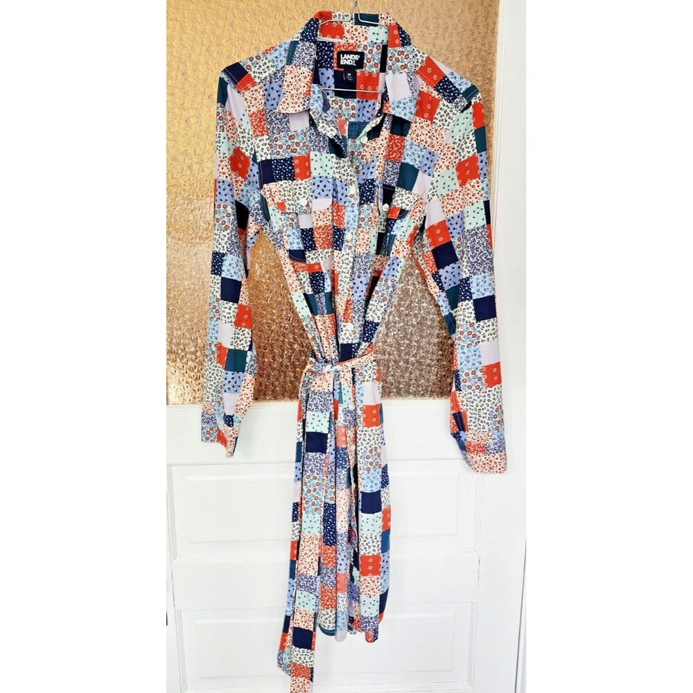 Lands’ End Women’s Patchwork Shirt Dress M 10–12 Long Sleeve Belted‎ 100% Cotton